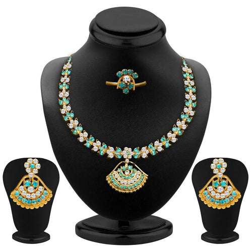 Sukkhi Delightful Aqua and White Colour Stone Studded Necklace Set