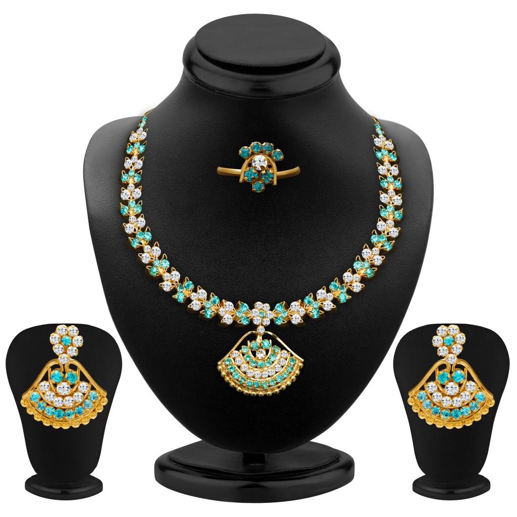Sukkhi Delightful Aqua and White Colour Stone Studded Necklace Set