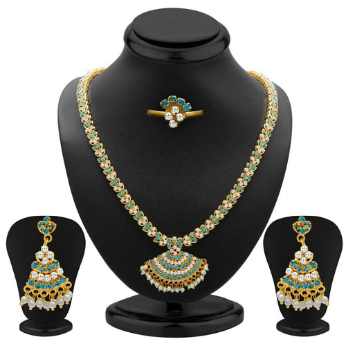 Sukkhi Sublime Aqua and White Colour Stone Studded Necklace Set