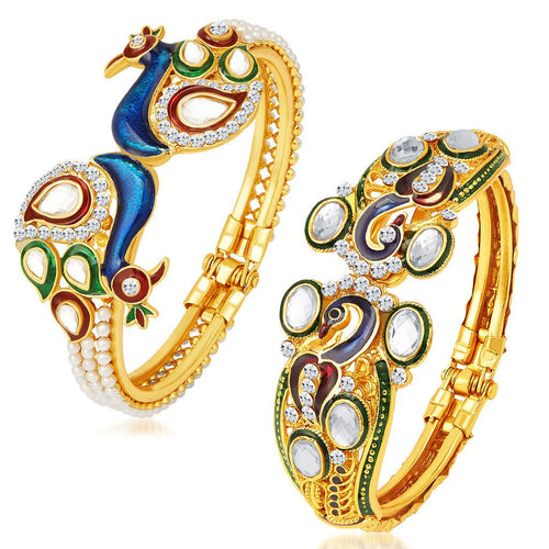 Sukkhi Amazing Peacock Gold Plated Kundan Set of 2 Kada Combo For Women