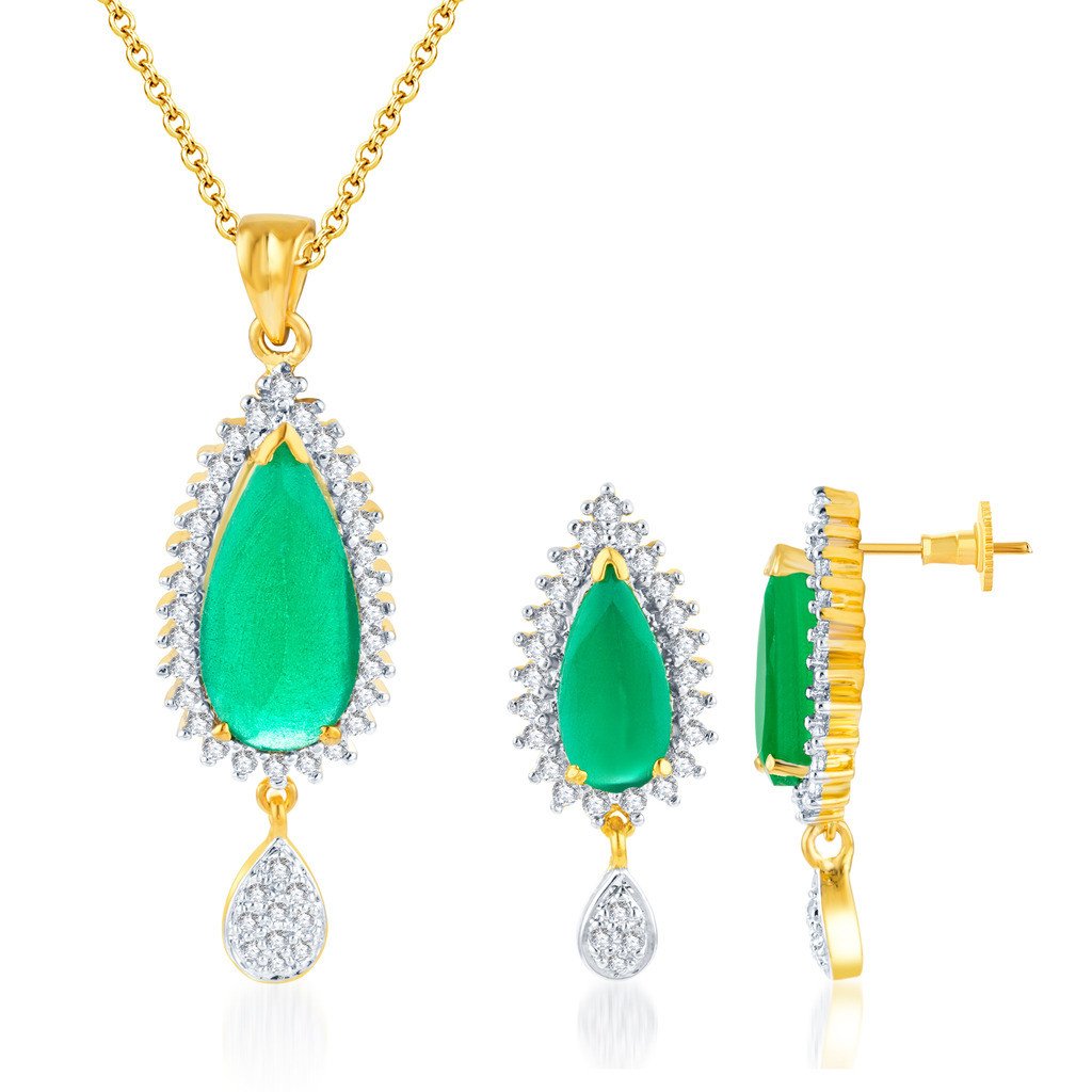 Pissara Well Crafted Gold and Rhodium plated Emerald CZ Pendant Set 