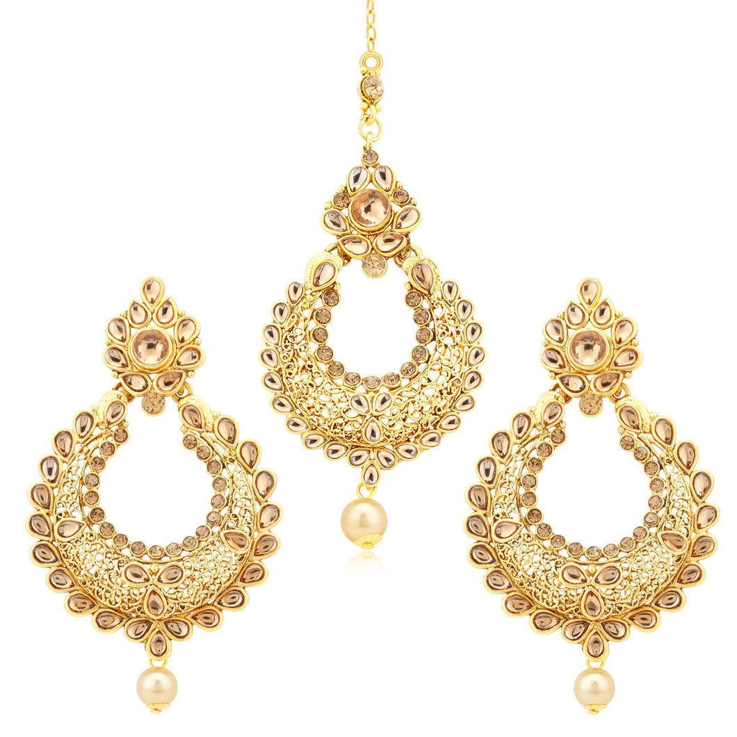 Sukkhi Excellent Gold Plated LCT Stone Earrings With Mangtikka For Women
