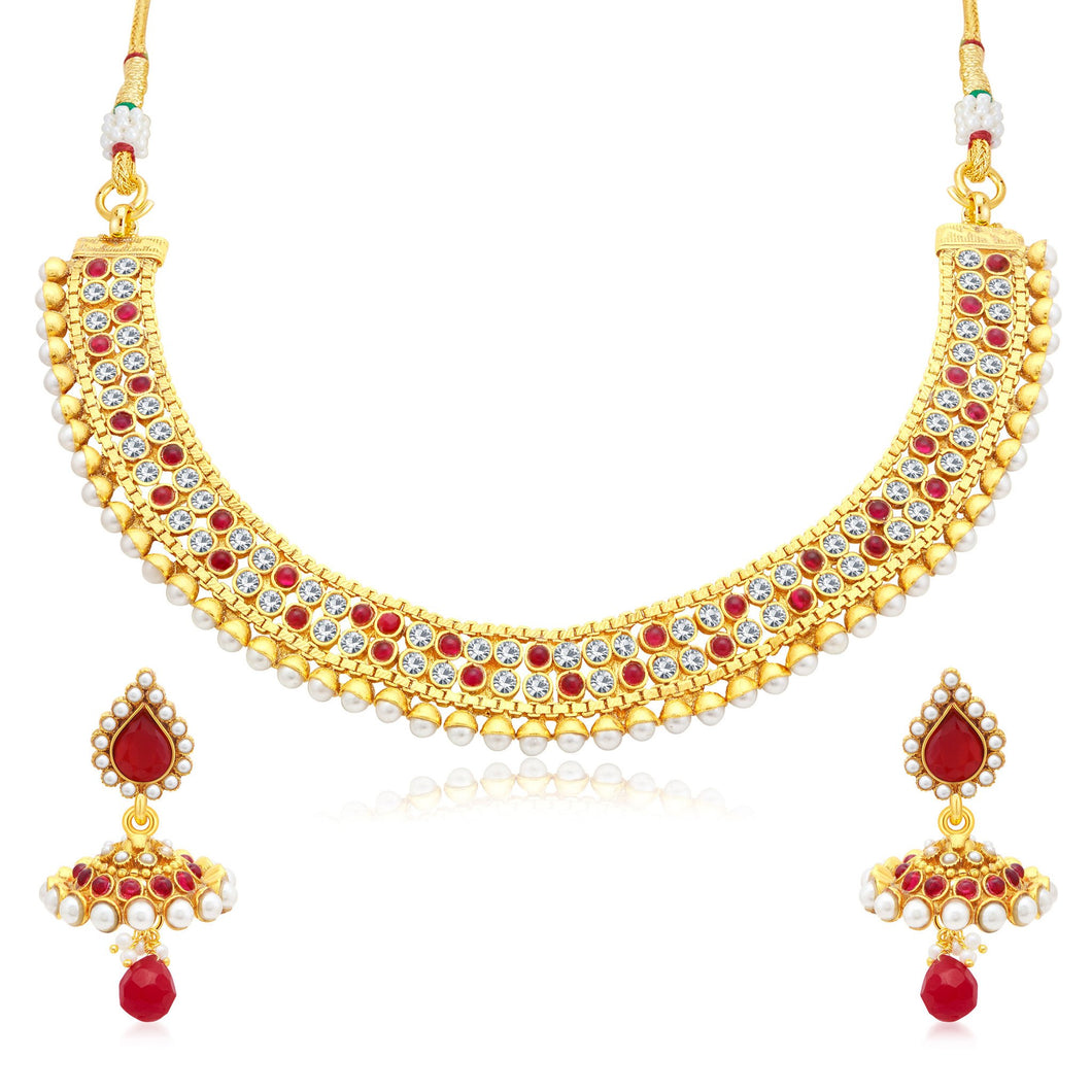 Sukkhi Eye-Catchy Gold Plated AD Collar Necklace Set For Women