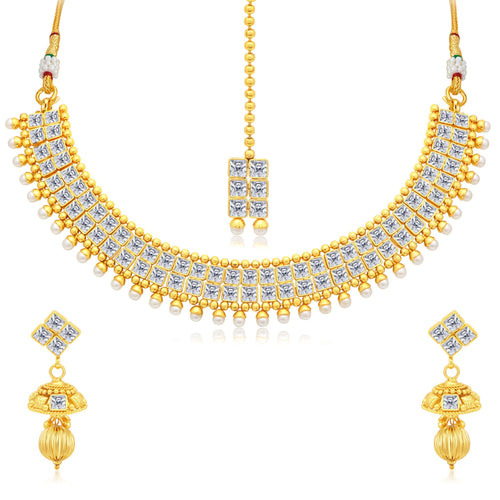 Sukkhi Glittery Gold Plated AD Collar Necklace Set For Women