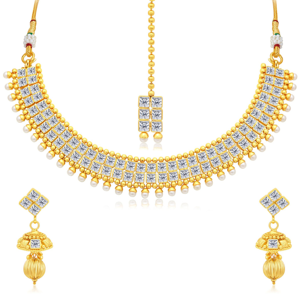 Sukkhi Glittery Gold Plated AD Collar Necklace Set For Women