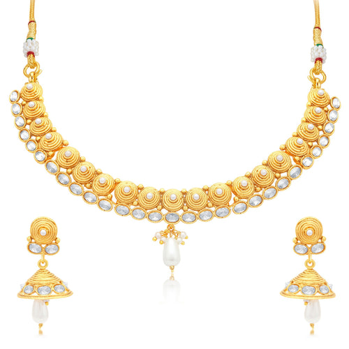 Sukkhi Intricately Crafted Jalebi Gold Plated AD Collar Necklace Set For Women