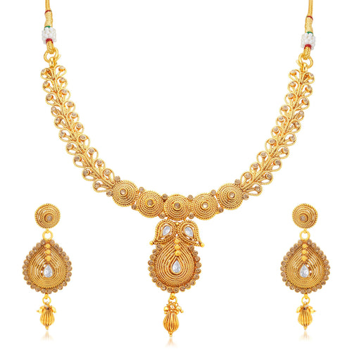 Sukkhi Artistically Jalebi Gold Plated LCT Stone Collar Necklace Set For Women
