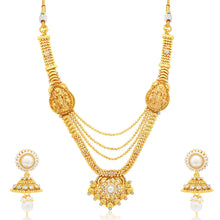 Sukkhi Appealing 3 String Laxmi Temple Gold Plated Long Haram Necklace Set For Women