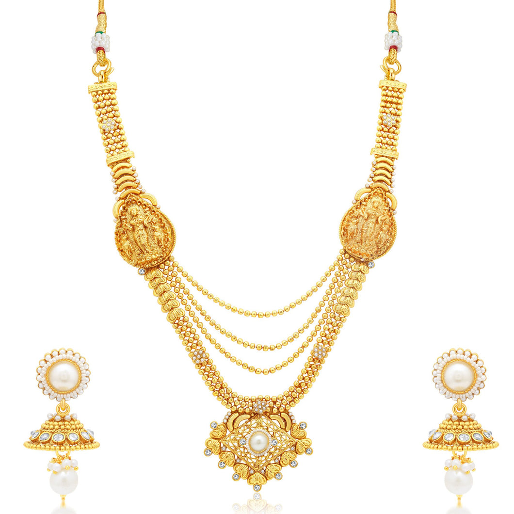 Sukkhi Appealing 3 String Laxmi Temple Gold Plated Long Haram Necklace Set For Women