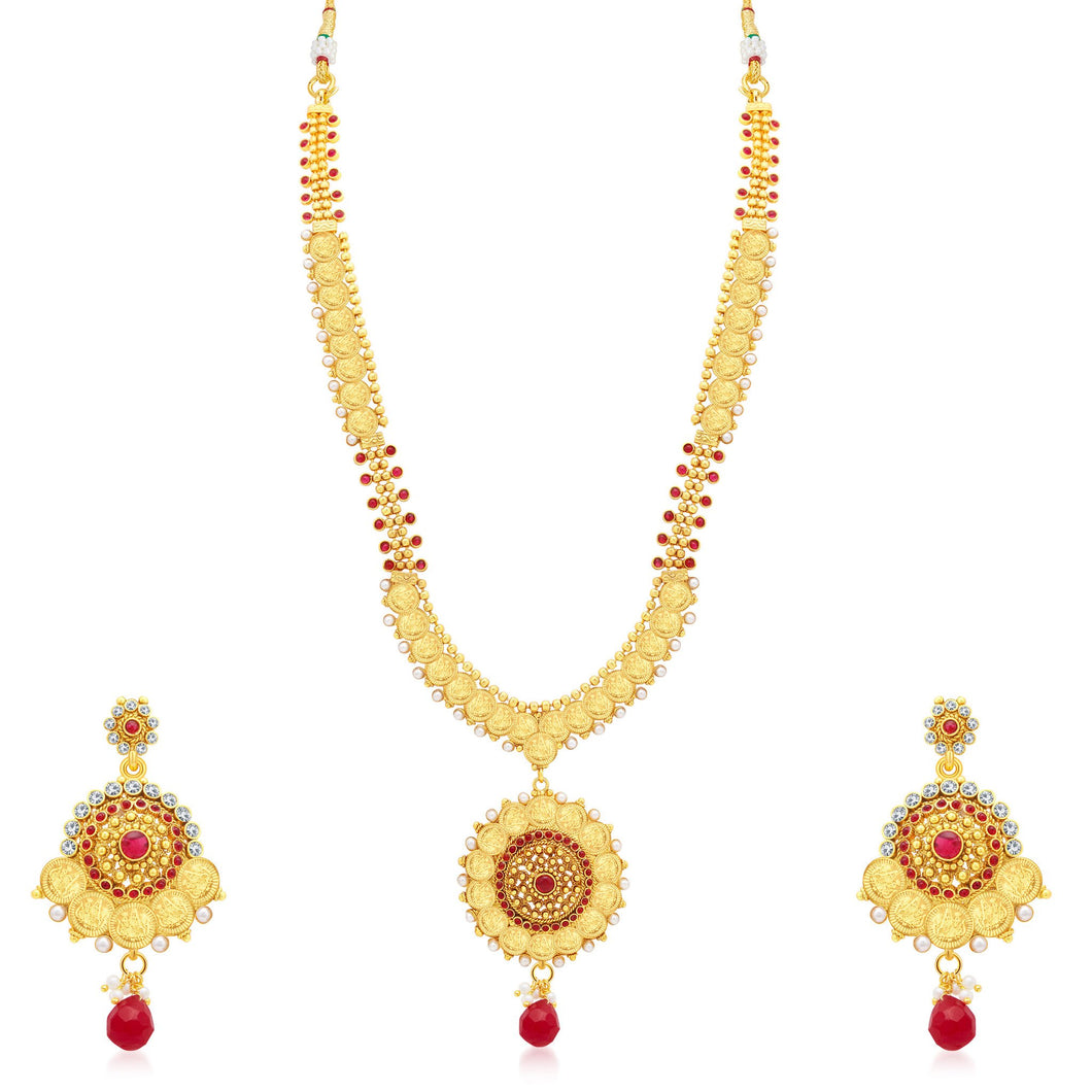 Sukkhi Lavish Laxmi Coin Temple Gold Plated Long Haram Necklace Set For Women