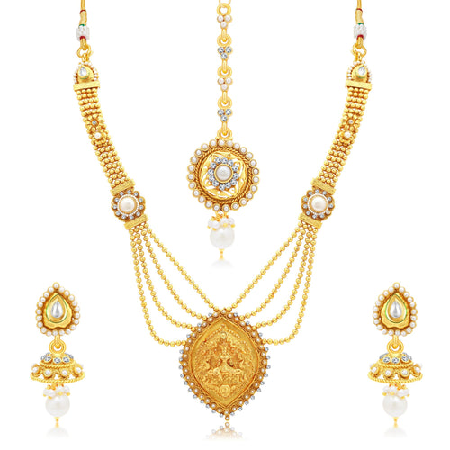 Sukkhi Attractive Laxmi Temple Gold Plated AD Long Haram Necklace Set For Women