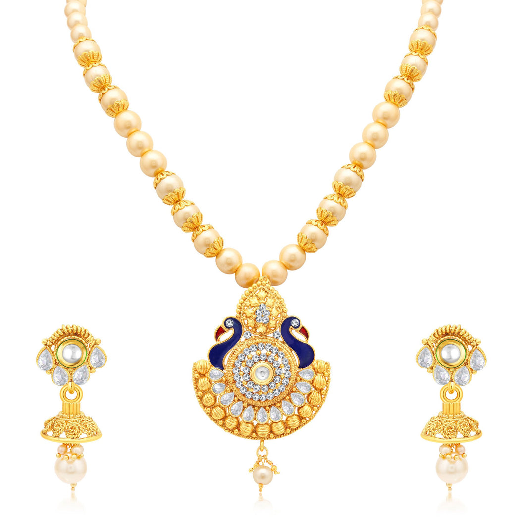 Sukkhi Blossomy Peacock Gold Plated AD Princess Necklace Set For Women