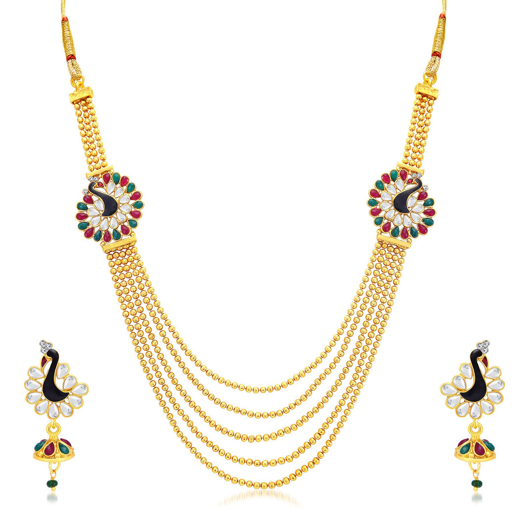Sukkhi Youthful 5 String Peacock Gold Plated Long Haram Necklace Set For Women