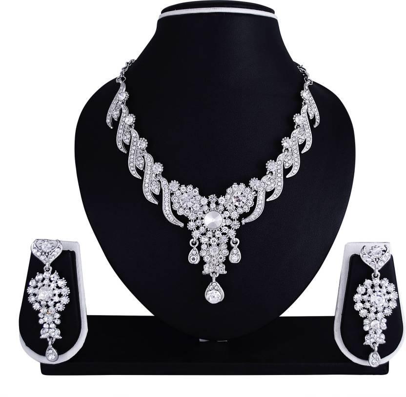 Sukkhi Creative Rhodium Plated Collar AD Necklace Set For Women