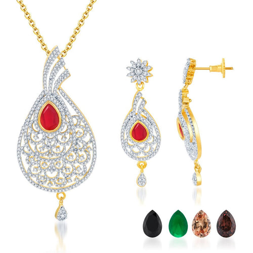 Pissara Alluring Gold and Rhodium plated 4 set of Changeable CZ Stone Pendant Set 